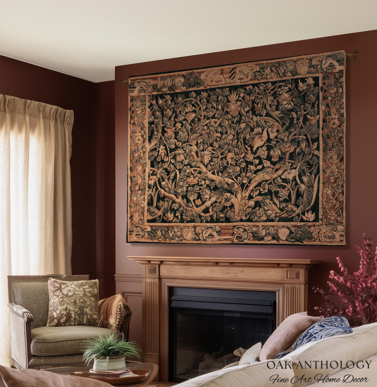Flemish Tree of Life Woven Tapestry Blanket Large Leaf Verdure Medieval Renaissance Art Styling, Old World Garden Jacquard Throw Woven Decor