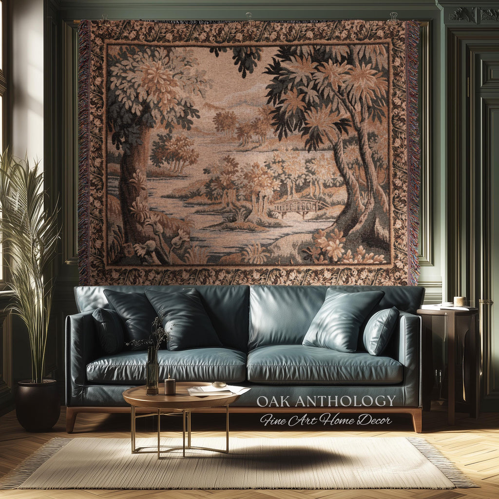 Flemish Landscape Aubusson Style Tapestry | Pastoral Woodland River Jacquard Woven Throw European Vintage Wall Art Acanthus Floral Historic
