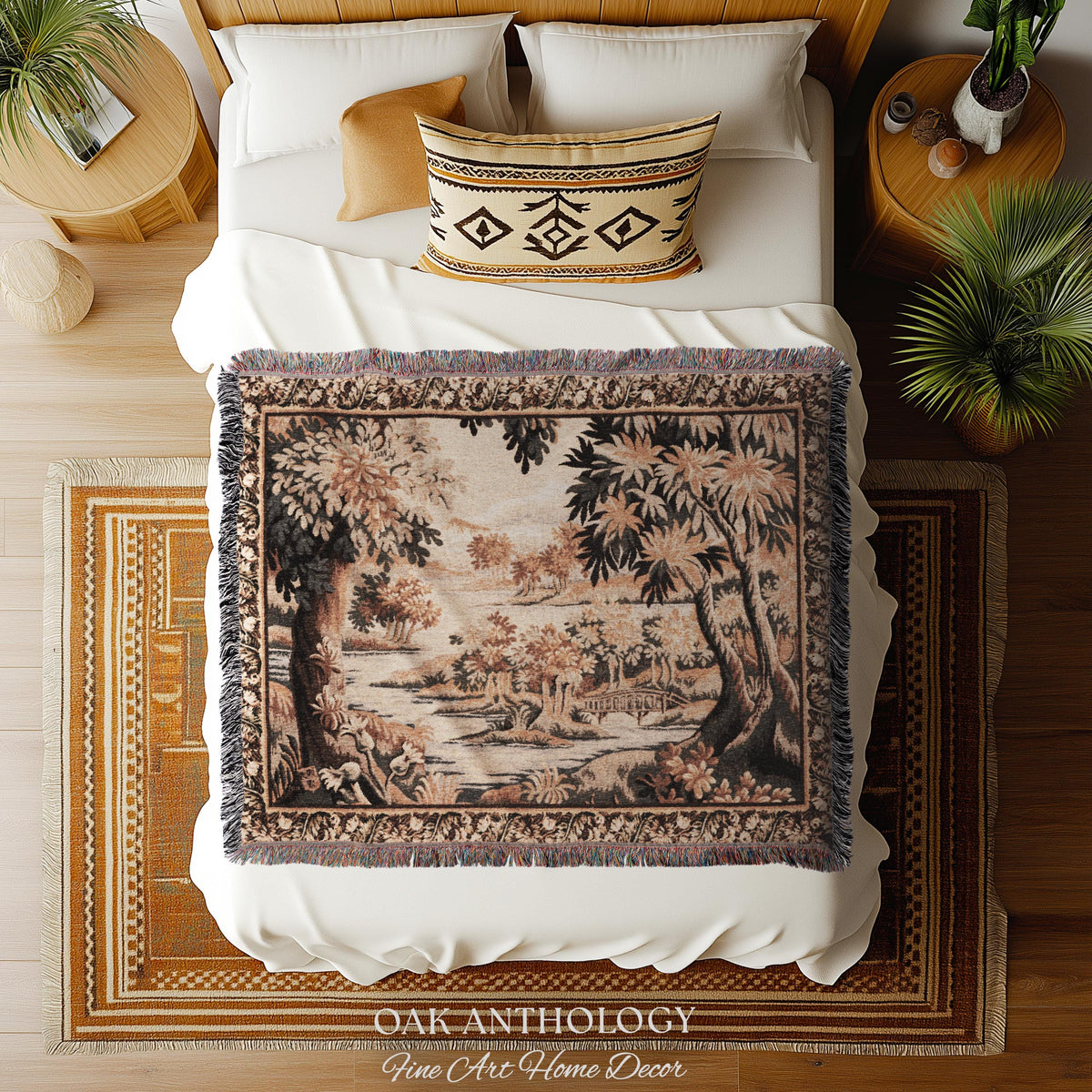 Flemish Landscape Aubusson Style Tapestry | Pastoral Woodland River Jacquard Woven Throw European Vintage Wall Art Acanthus Floral Historic