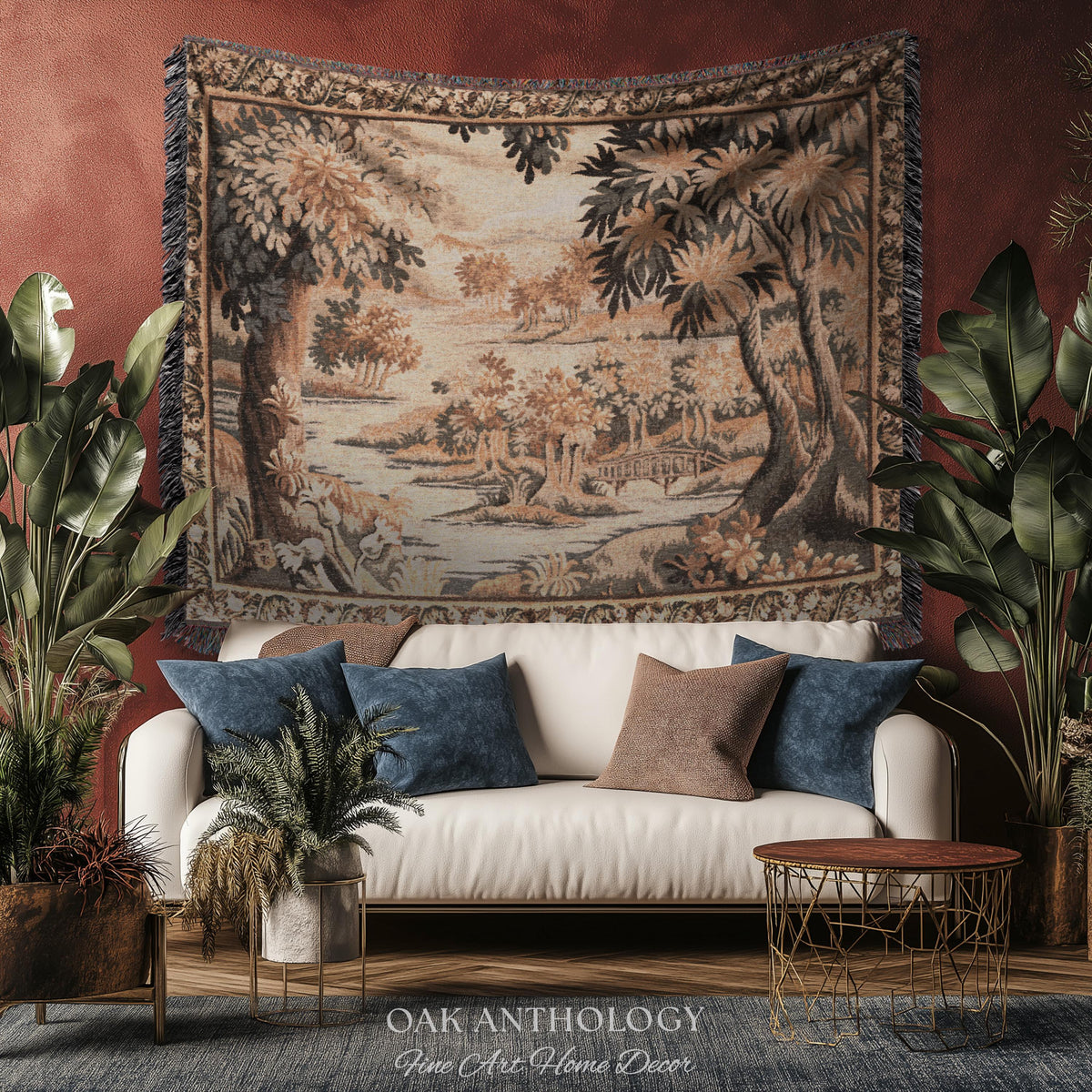 Flemish Landscape Aubusson Style Tapestry | Pastoral Woodland River Jacquard Woven Throw European Vintage Wall Art Acanthus Floral Historic