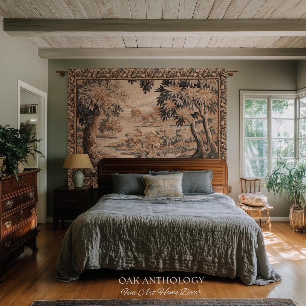 Flemish Landscape Aubusson Style Tapestry | Pastoral Woodland River Jacquard Woven Throw European Vintage Wall Art Acanthus Floral Historic