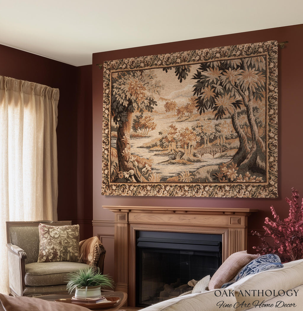 Flemish Landscape Aubusson Style Tapestry | Pastoral Woodland River Jacquard Woven Throw European Vintage Wall Art Acanthus Floral Historic