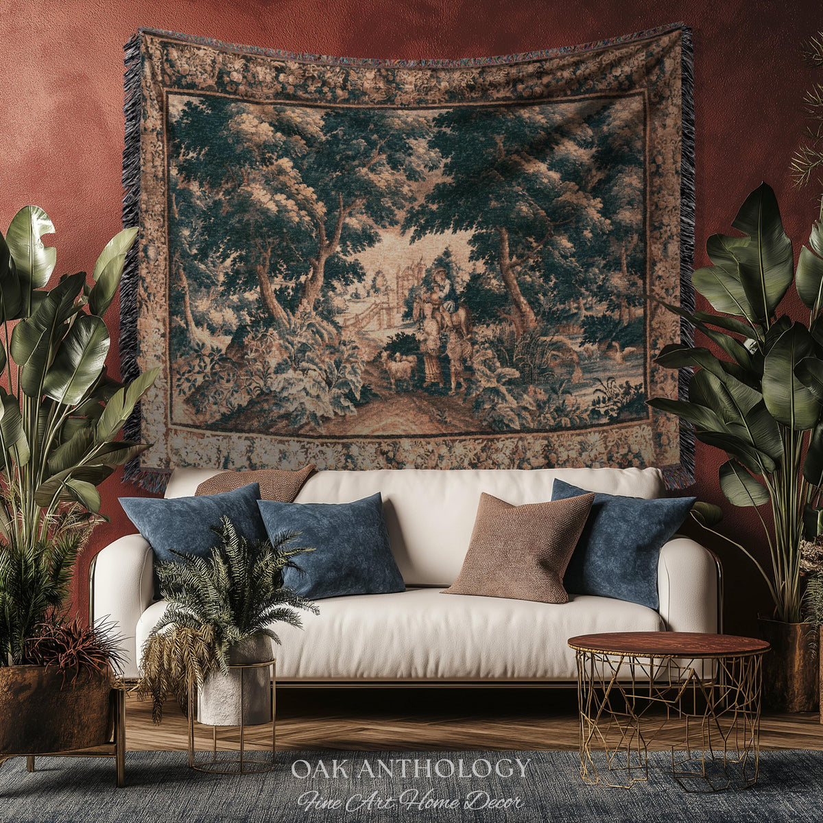 17th Century Flemish Pastoral Tapestry Classic Countryside Wall Hanging | Old World Castle Landscape Art Rural Scenery Woven Throw Blanket