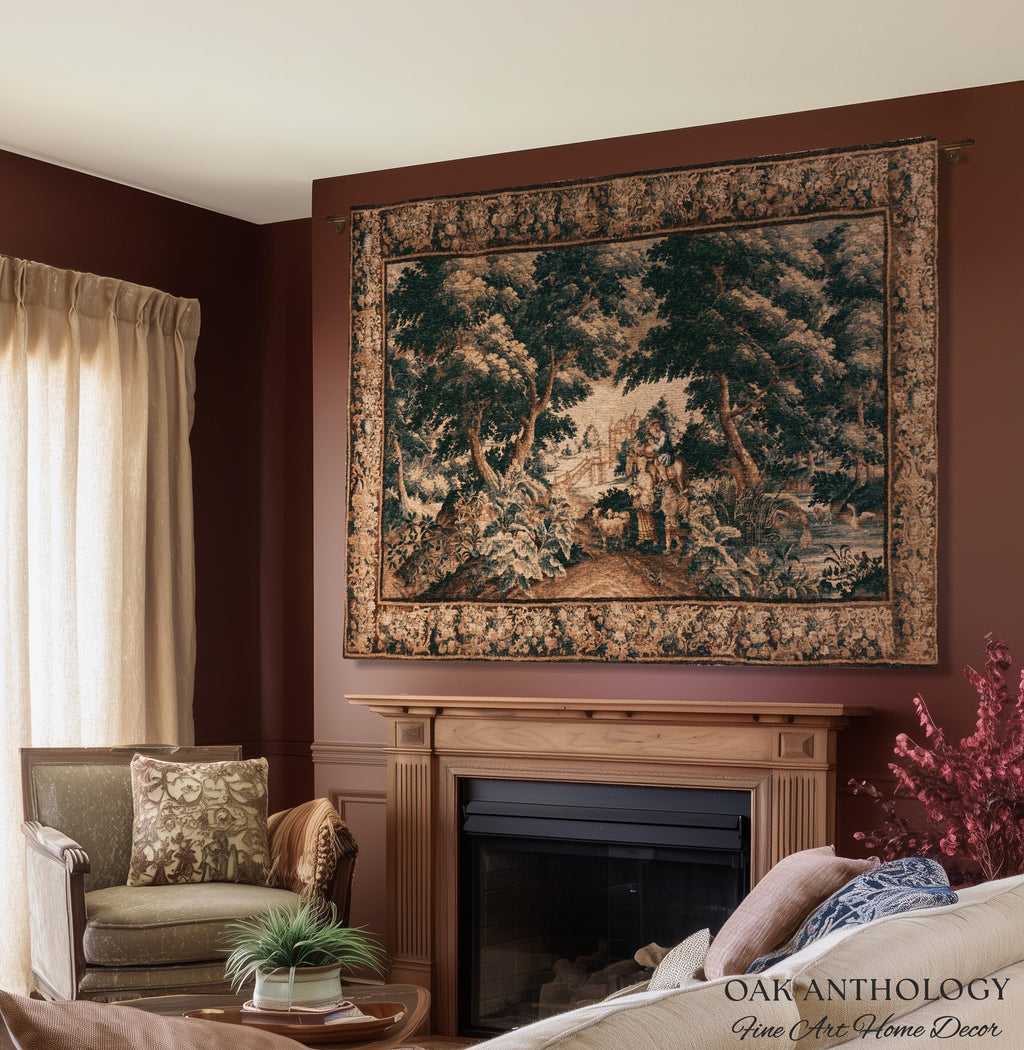 17th Century Flemish Pastoral Tapestry Classic Countryside Wall Hanging | Old World Castle Landscape Art Rural Scenery Woven Throw Blanket