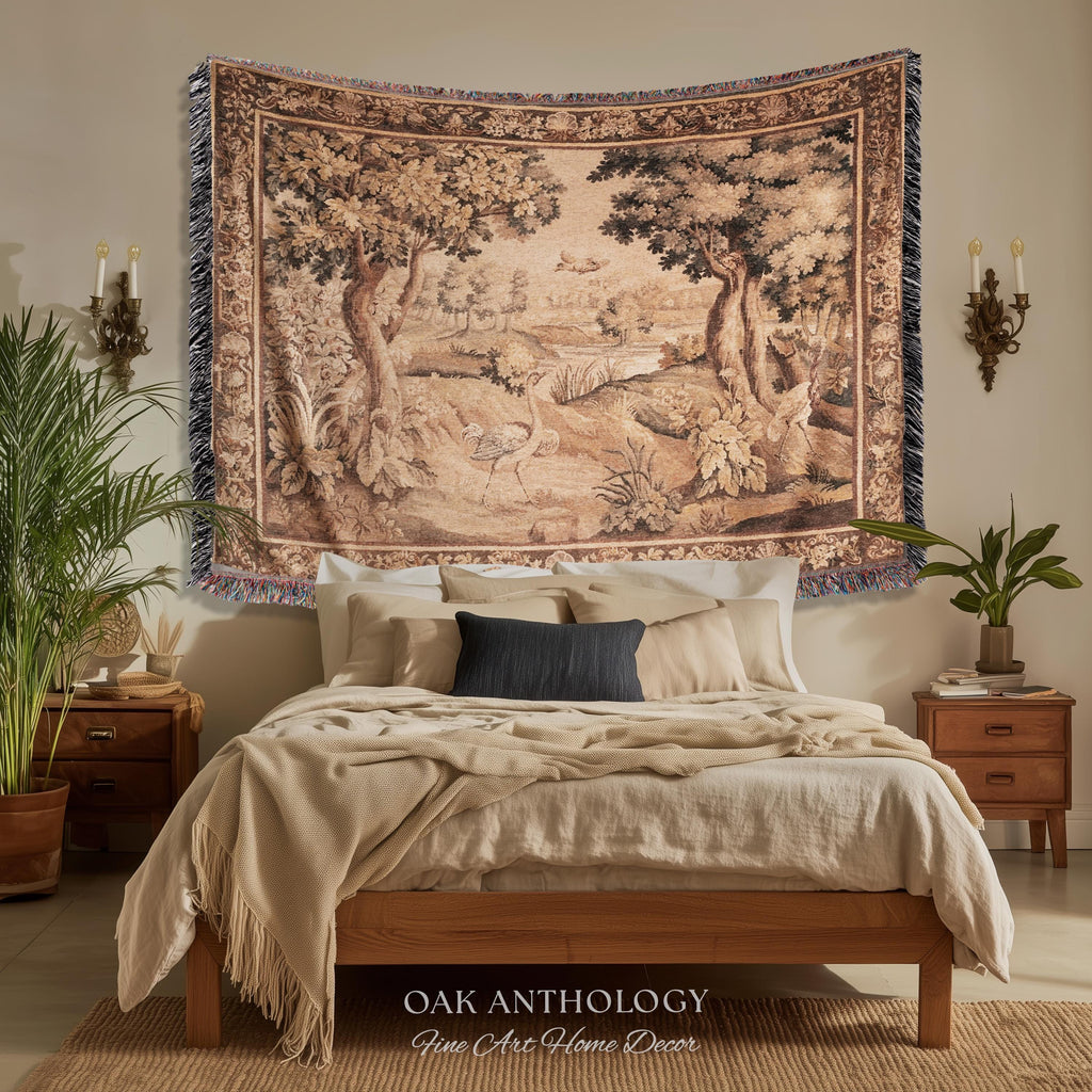 Serene River Scene French Aubusson Verdure Tapestry Woven Wall Hanging | Antique Bird Botanical Landscape Classical Textile Above Bed Art