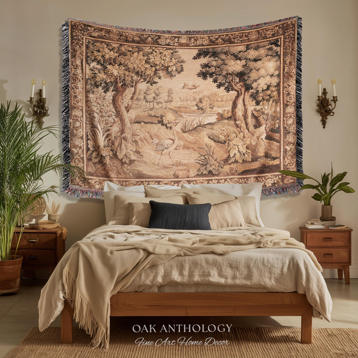Serene River Scene French Aubusson Verdure Tapestry Woven Wall Hanging | Antique Bird Botanical Landscape Classical Textile Above Bed Art