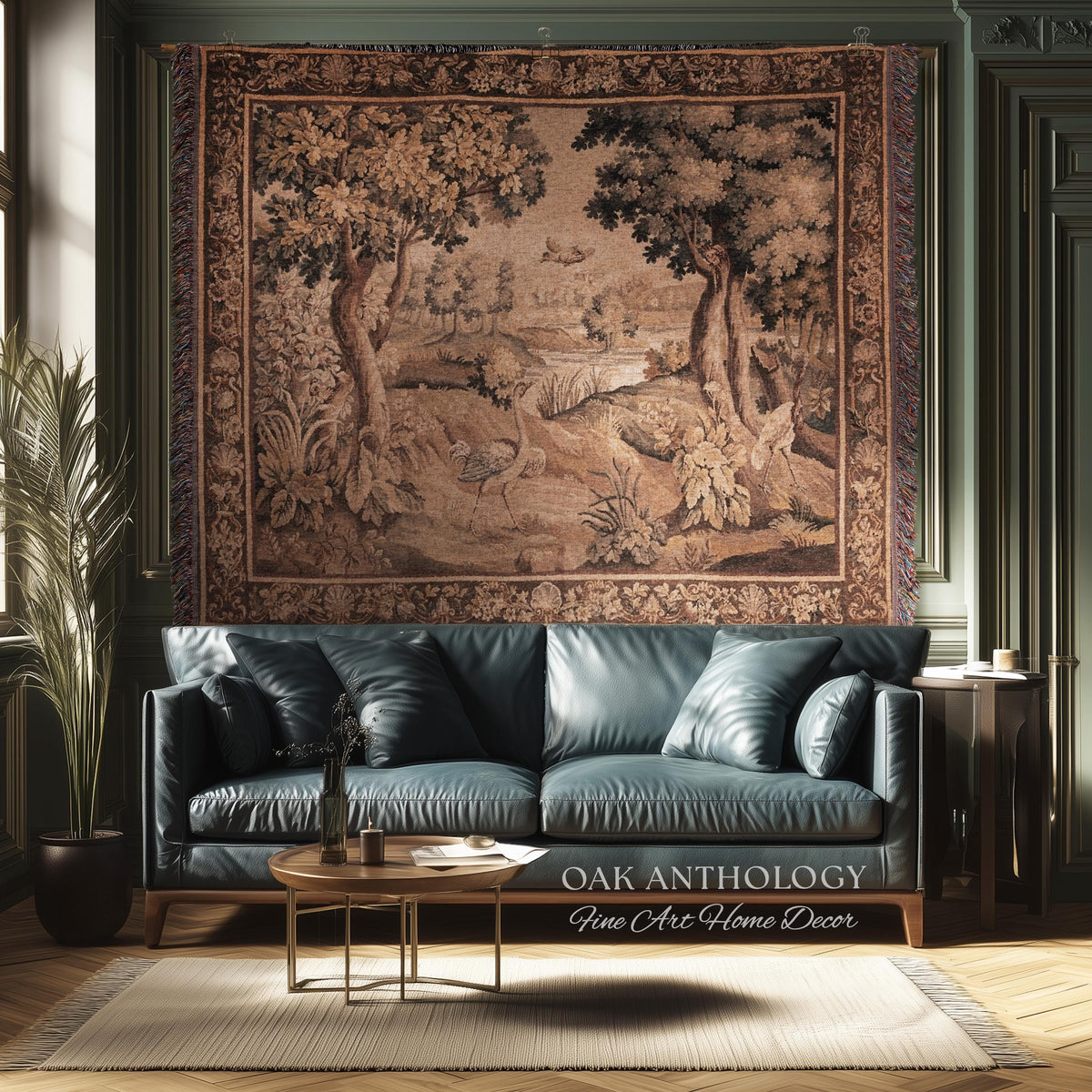 Serene River Scene French Aubusson Verdure Tapestry Woven Wall Hanging | Antique Bird Botanical Landscape Classical Textile Above Bed Art