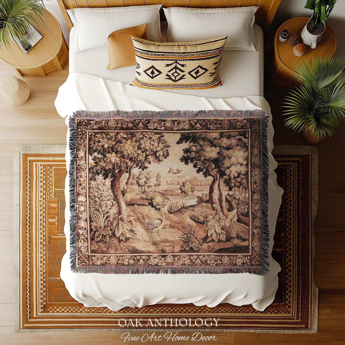Serene River Scene French Aubusson Verdure Tapestry Woven Wall Hanging | Antique Bird Botanical Landscape Classical Textile Above Bed Art
