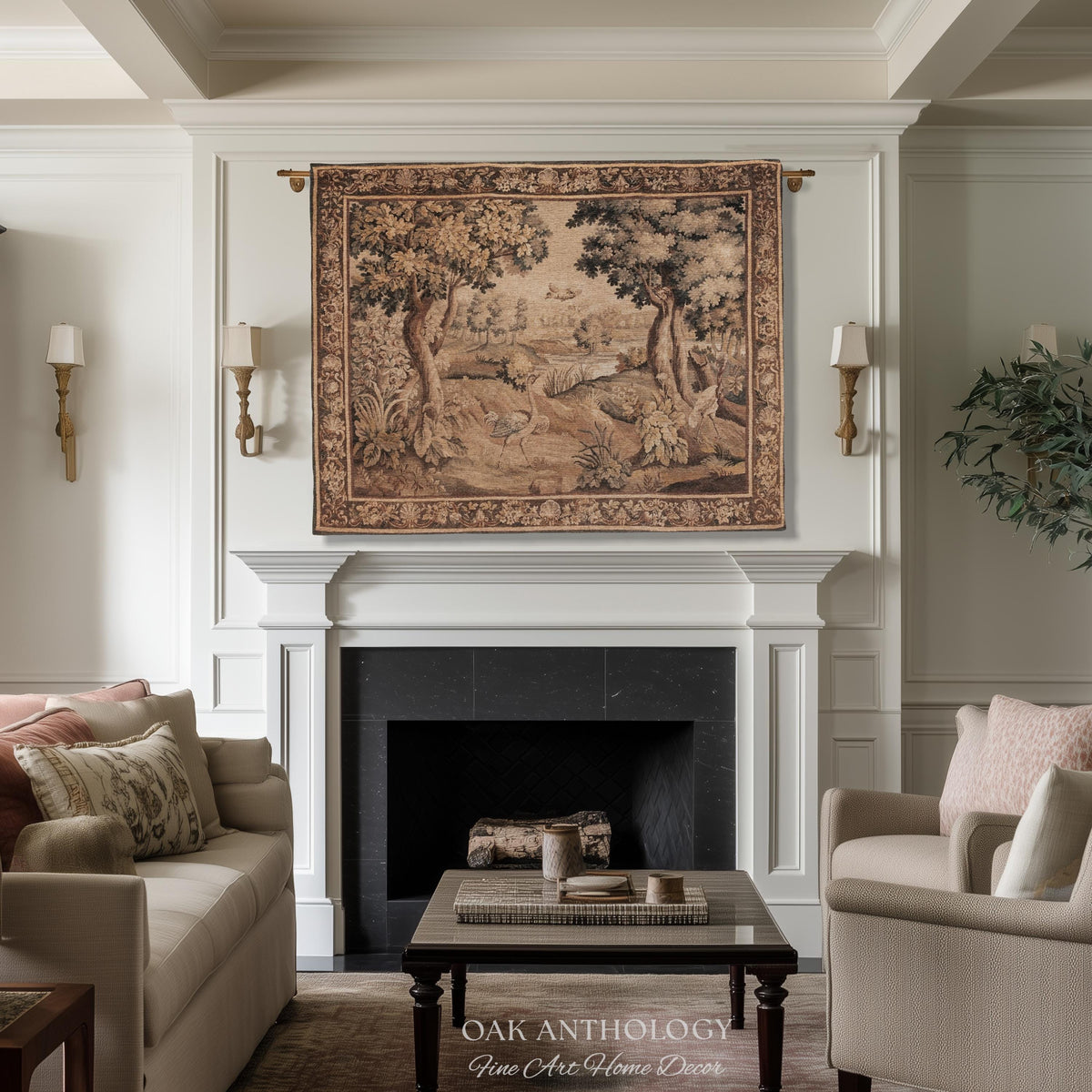 Serene River Scene French Aubusson Verdure Tapestry Woven Wall Hanging | Antique Bird Botanical Landscape Classical Textile Above Bed Art