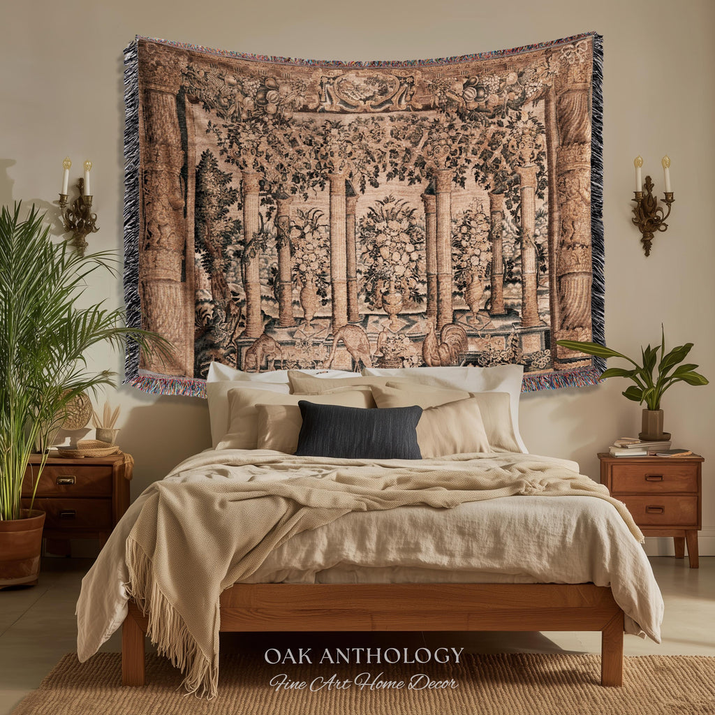 Baroque Estate Garden Classical Courtyard Column Wall Art Tapestry, Floral Flemish Architectural 17th Century Gallery of Animals Woven Throw