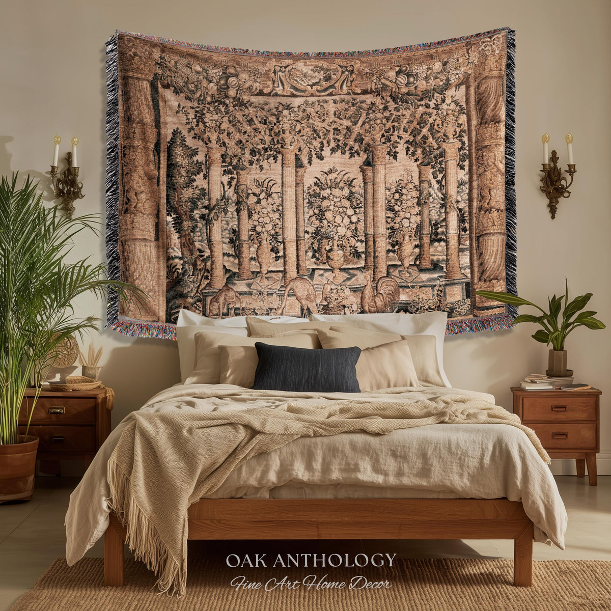 Baroque Estate Garden Classical Courtyard Column Wall Art Tapestry, Floral Flemish Architectural 17th Century Gallery of Animals Woven Throw