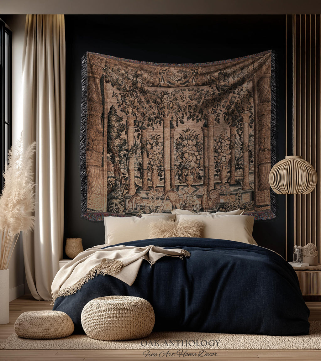 Baroque Estate Garden Classical Courtyard Column Wall Art Tapestry, Floral Flemish Architectural 17th Century Gallery of Animals Woven Throw