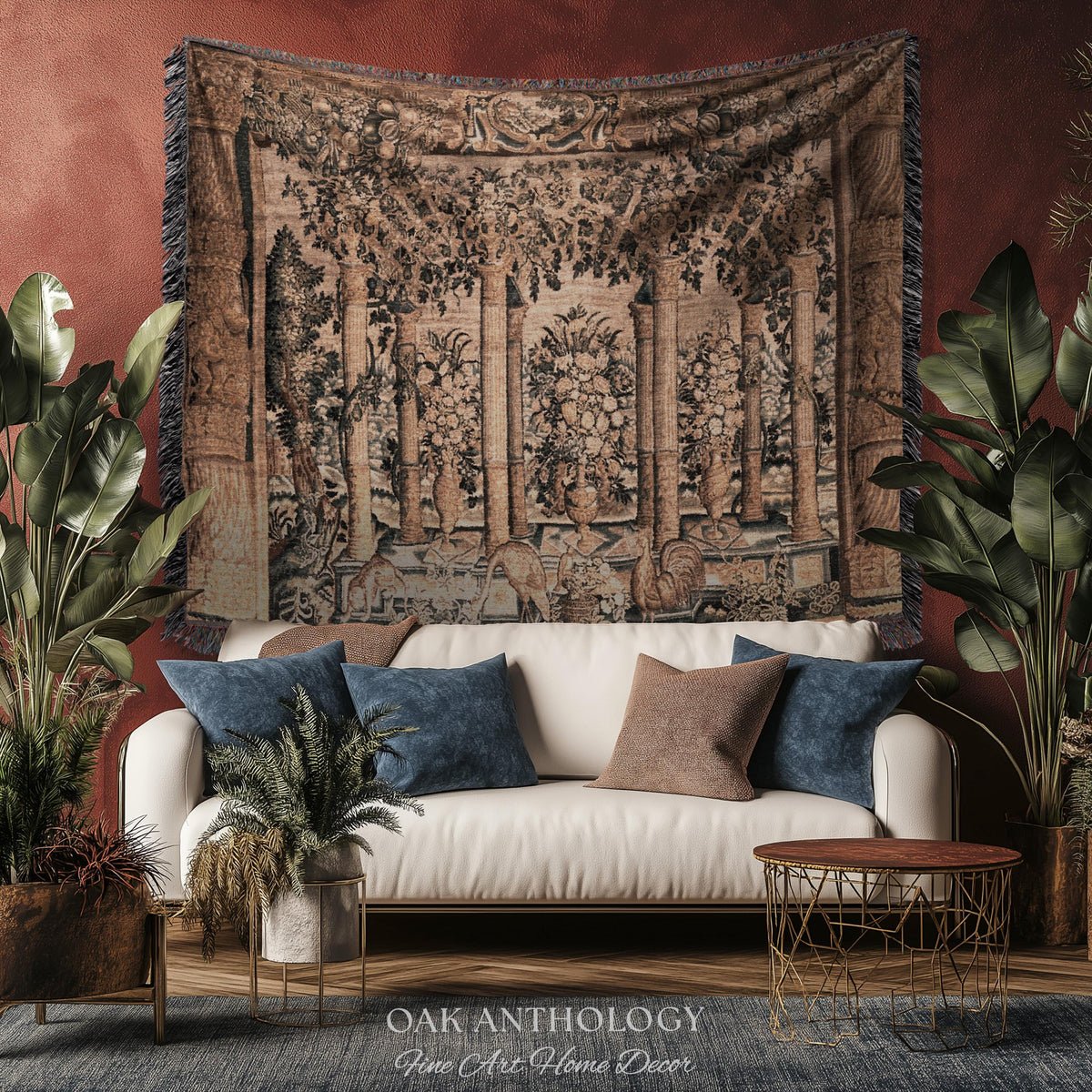 Baroque Estate Garden Classical Courtyard Column Wall Art Tapestry, Floral Flemish Architectural 17th Century Gallery of Animals Woven Throw