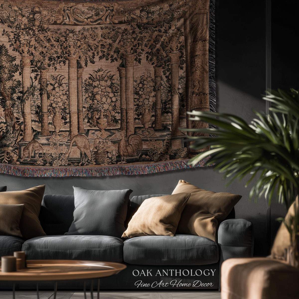 Baroque Estate Garden Classical Courtyard Column Wall Art Tapestry, Floral Flemish Architectural 17th Century Gallery of Animals Woven Throw