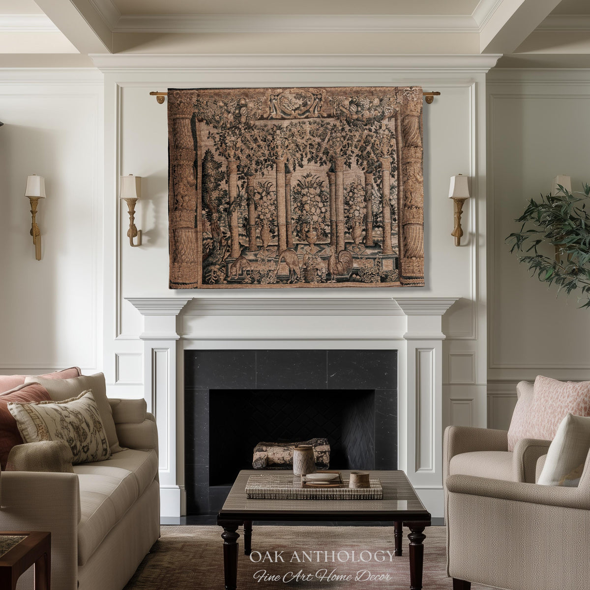 Baroque Estate Garden Classical Courtyard Column Wall Art Tapestry, Floral Flemish Architectural 17th Century Gallery of Animals Woven Throw