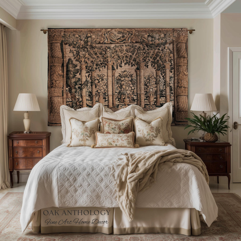 Baroque Estate Garden Classical Courtyard Column Wall Art Tapestry, Floral Flemish Architectural 17th Century Gallery of Animals Woven Throw