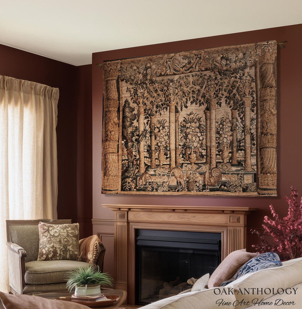 Baroque Estate Garden Classical Courtyard Column Wall Art Tapestry, Floral Flemish Architectural 17th Century Gallery of Animals Woven Throw