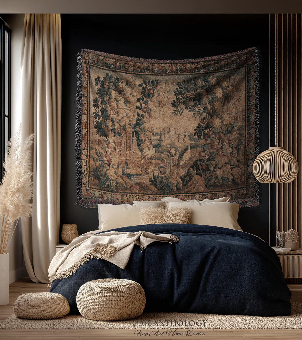 Château Landscape Verdure Wading Birds Tapestry Woven Wall Hanging | Early 18th Century Rolling Hills River Scene Reproduction Textile Art