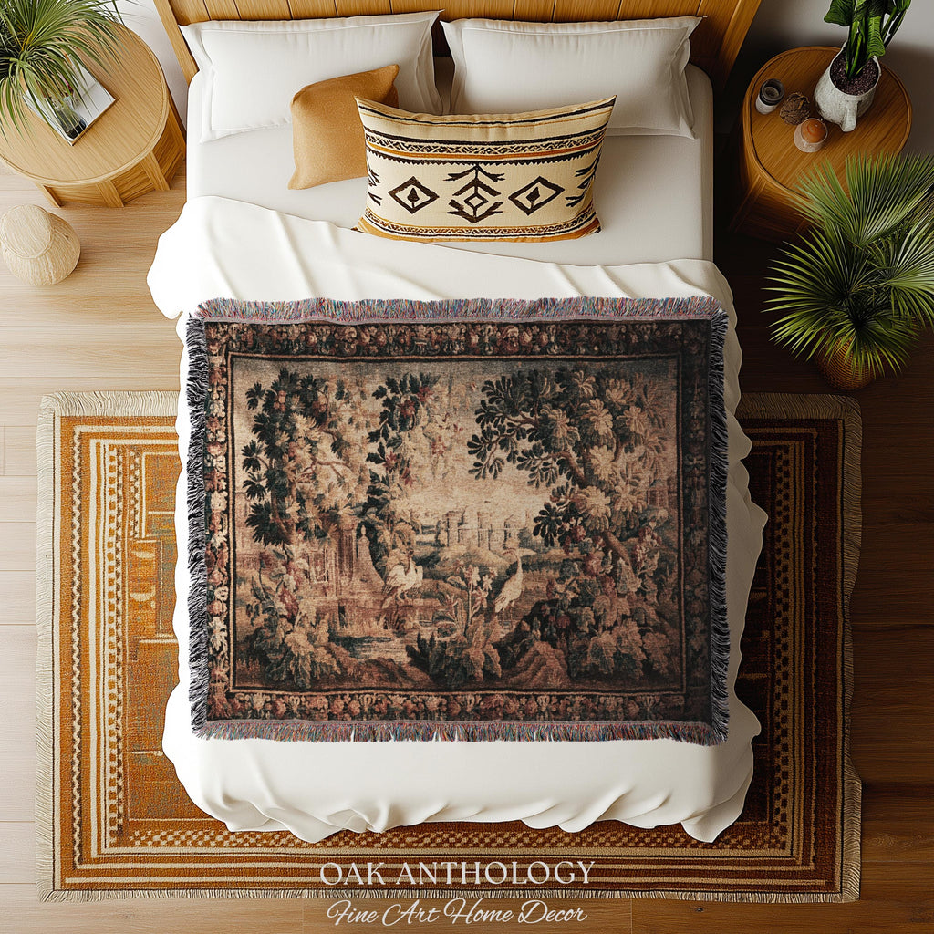 Château Landscape Verdure Wading Birds Tapestry Woven Wall Hanging | Early 18th Century Rolling Hills River Scene Reproduction Textile Art