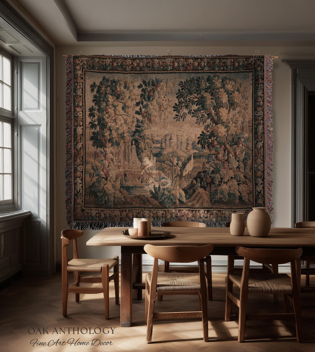 Château Landscape Verdure Wading Birds Tapestry Woven Wall Hanging | Early 18th Century Rolling Hills River Scene Reproduction Textile Art
