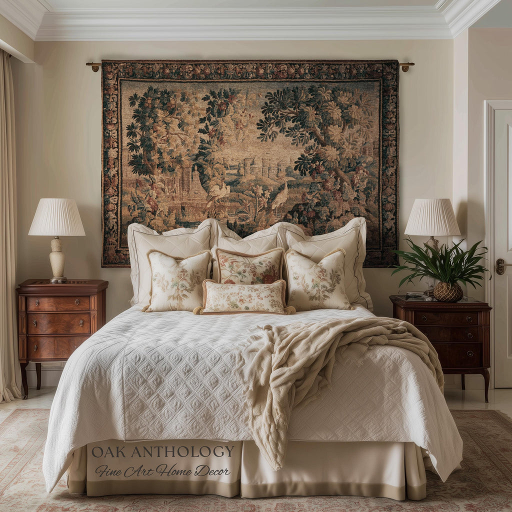 Château Landscape Verdure Wading Birds Tapestry Woven Wall Hanging | Early 18th Century Rolling Hills River Scene Reproduction Textile Art