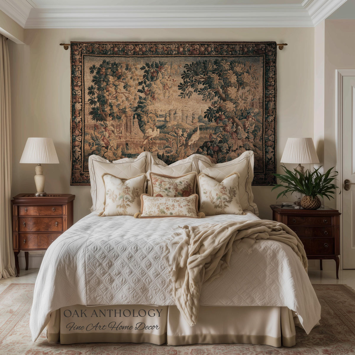 Château Landscape Verdure Wading Birds Tapestry Woven Wall Hanging | Early 18th Century Rolling Hills River Scene Reproduction Textile Art
