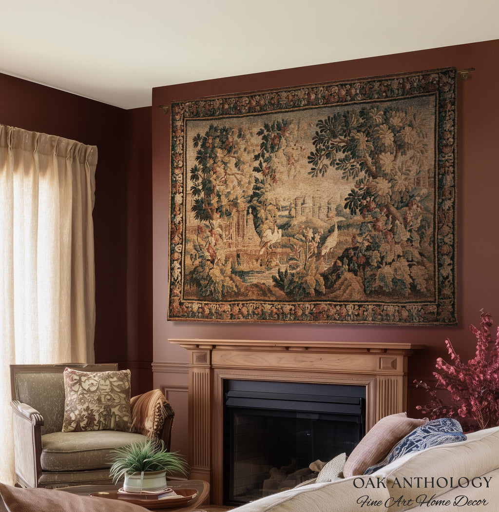 Château Landscape Verdure Wading Birds Tapestry Woven Wall Hanging | Early 18th Century Rolling Hills River Scene Reproduction Textile Art