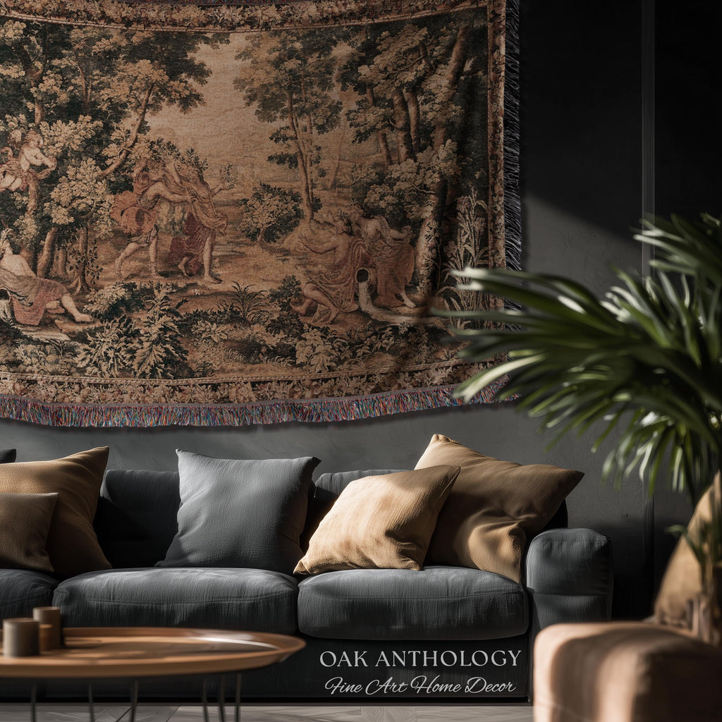 Mythological Forest Verdure Woven Tapestry | Woodland Nymph Traditional Baroque Jacquard Woven Throw Vintage Renaissance Style Wall Textile