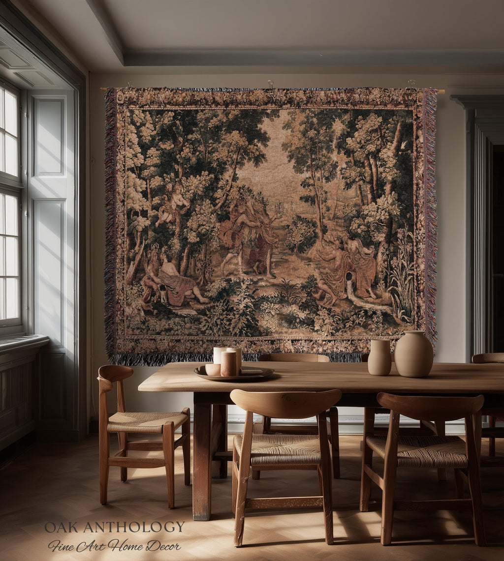 Mythological Forest Verdure Woven Tapestry | Woodland Nymph Traditional Baroque Jacquard Woven Throw Vintage Renaissance Style Wall Textile