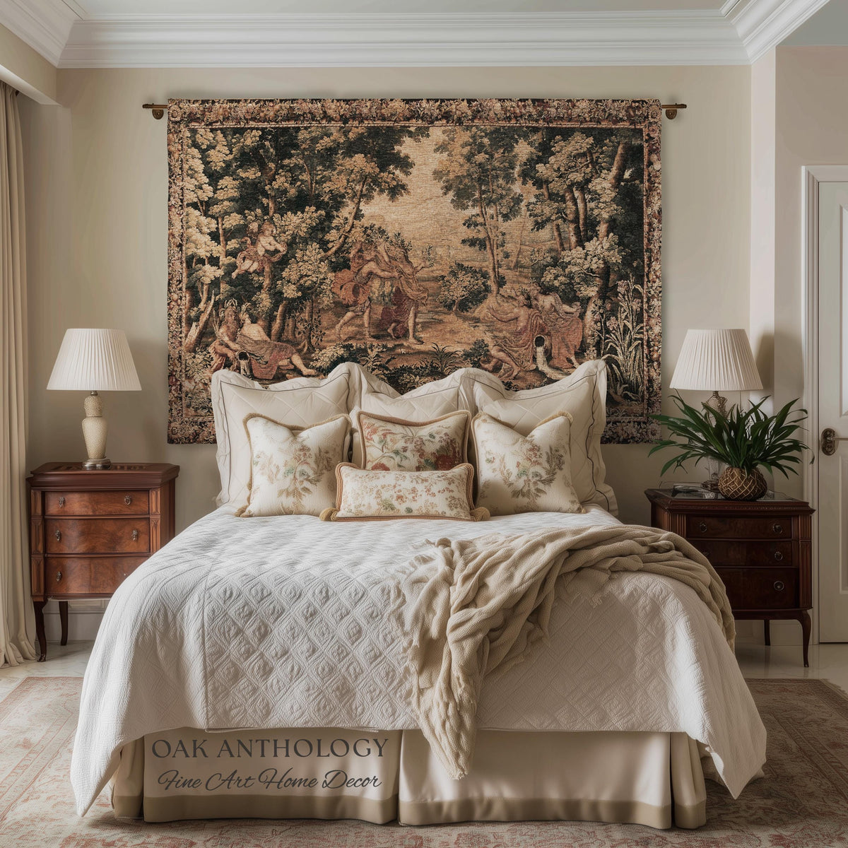 Mythological Forest Verdure Woven Tapestry | Woodland Nymph Traditional Baroque Jacquard Woven Throw Vintage Renaissance Style Wall Textile