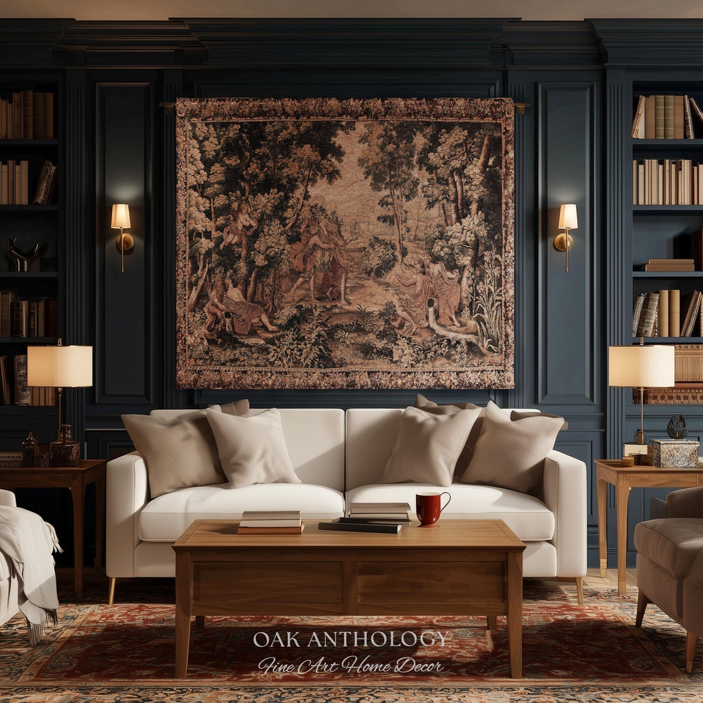 Mythological Forest Verdure Woven Tapestry | Woodland Nymph Traditional Baroque Jacquard Woven Throw Vintage Renaissance Style Wall Textile