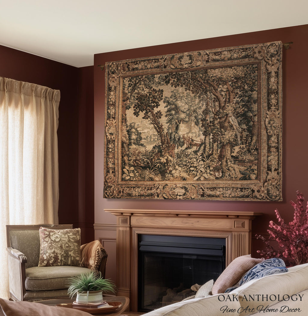 Scenic Woodland Verdure Pastoral Wall Tapestry | Old World Classics 17th Century European Forest Woven Jacquard Throw Blanket Wall Hanging