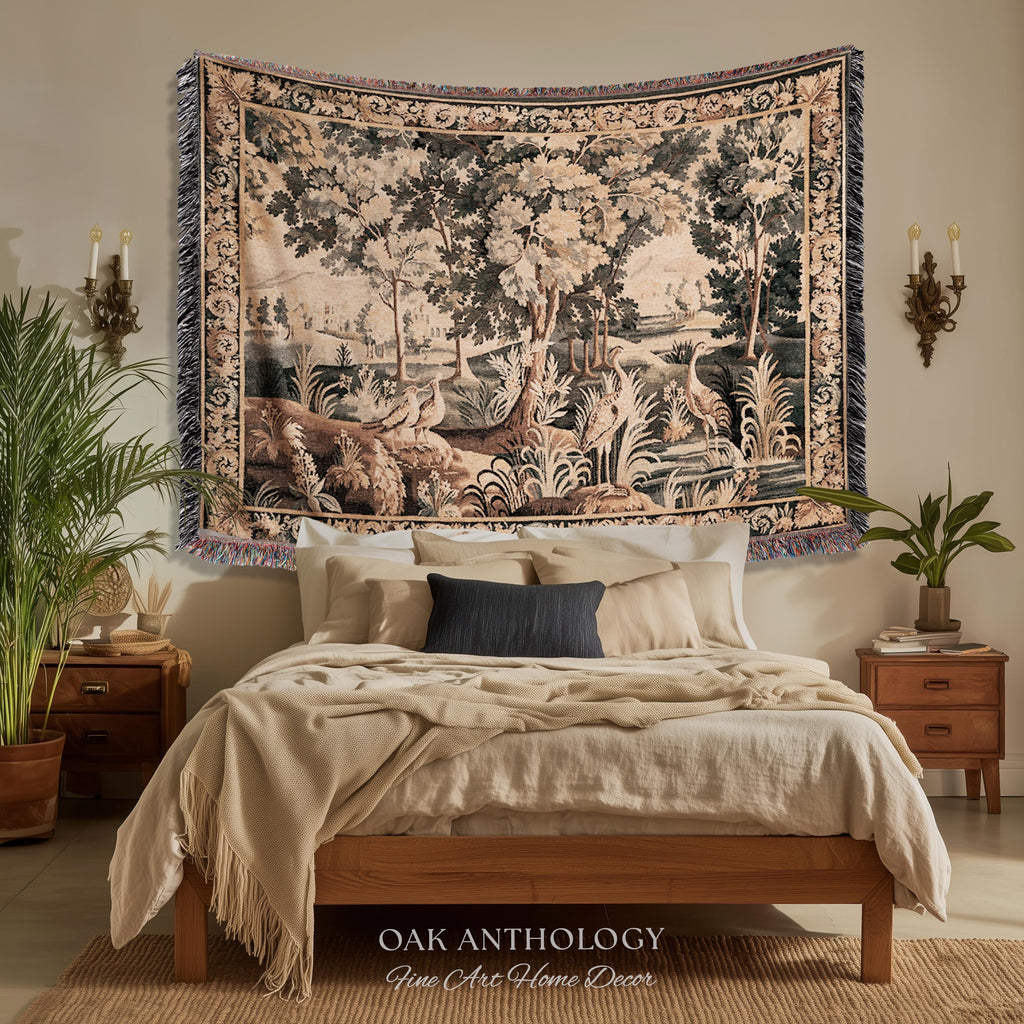Ornamental Birds European Marsh Landscape Tapestry | Old World French Country Aubusson Woodland Woven Throw Traditional Verdure Textile Art