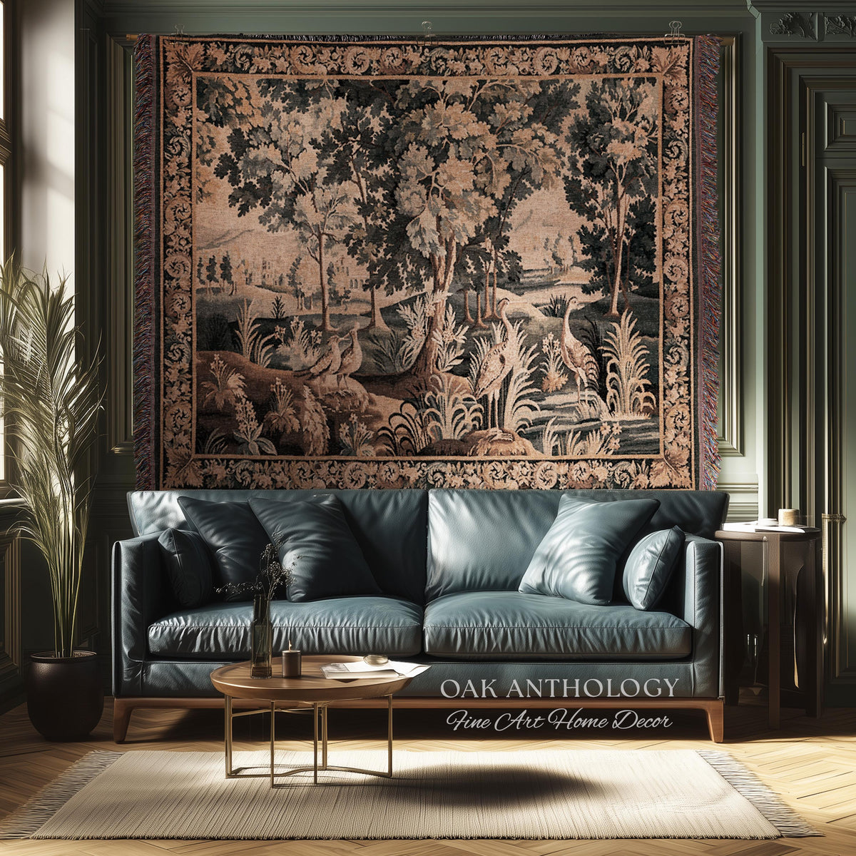 Ornamental Birds European Marsh Landscape Tapestry | Old World French Country Aubusson Woodland Woven Throw Traditional Verdure Textile Art