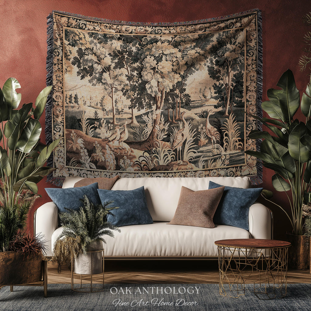 Ornamental Birds European Marsh Landscape Tapestry | Old World French Country Aubusson Woodland Woven Throw Traditional Verdure Textile Art