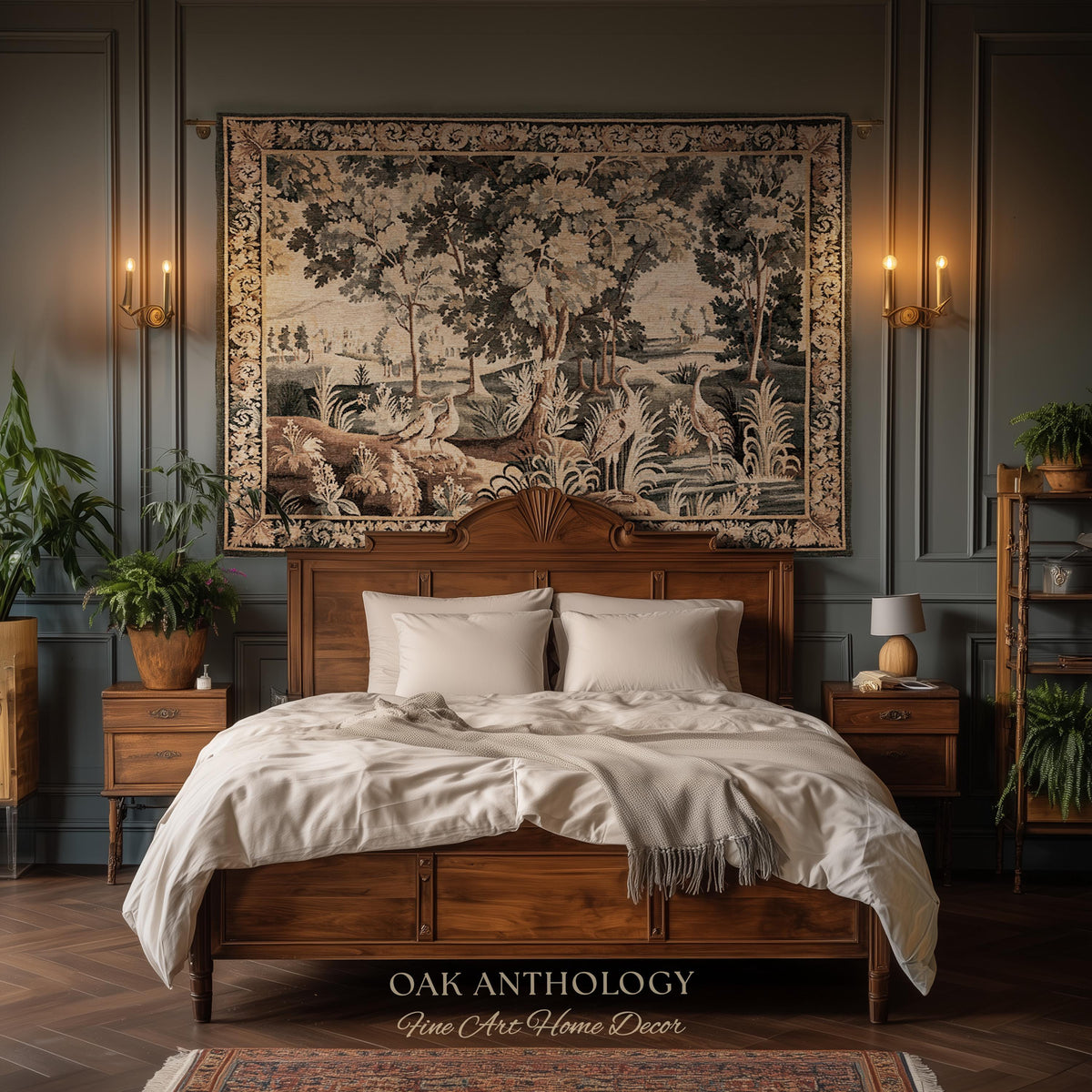 Ornamental Birds European Marsh Landscape Tapestry | Old World French Country Aubusson Woodland Woven Throw Traditional Verdure Textile Art