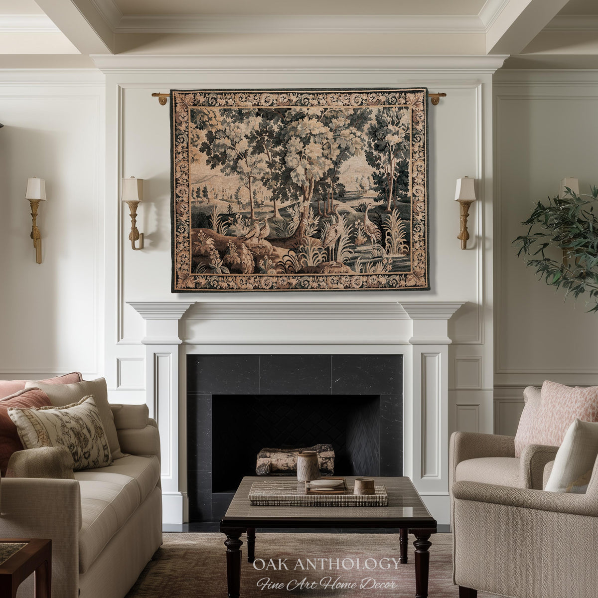 Ornamental Birds European Marsh Landscape Tapestry | Old World French Country Aubusson Woodland Woven Throw Traditional Verdure Textile Art