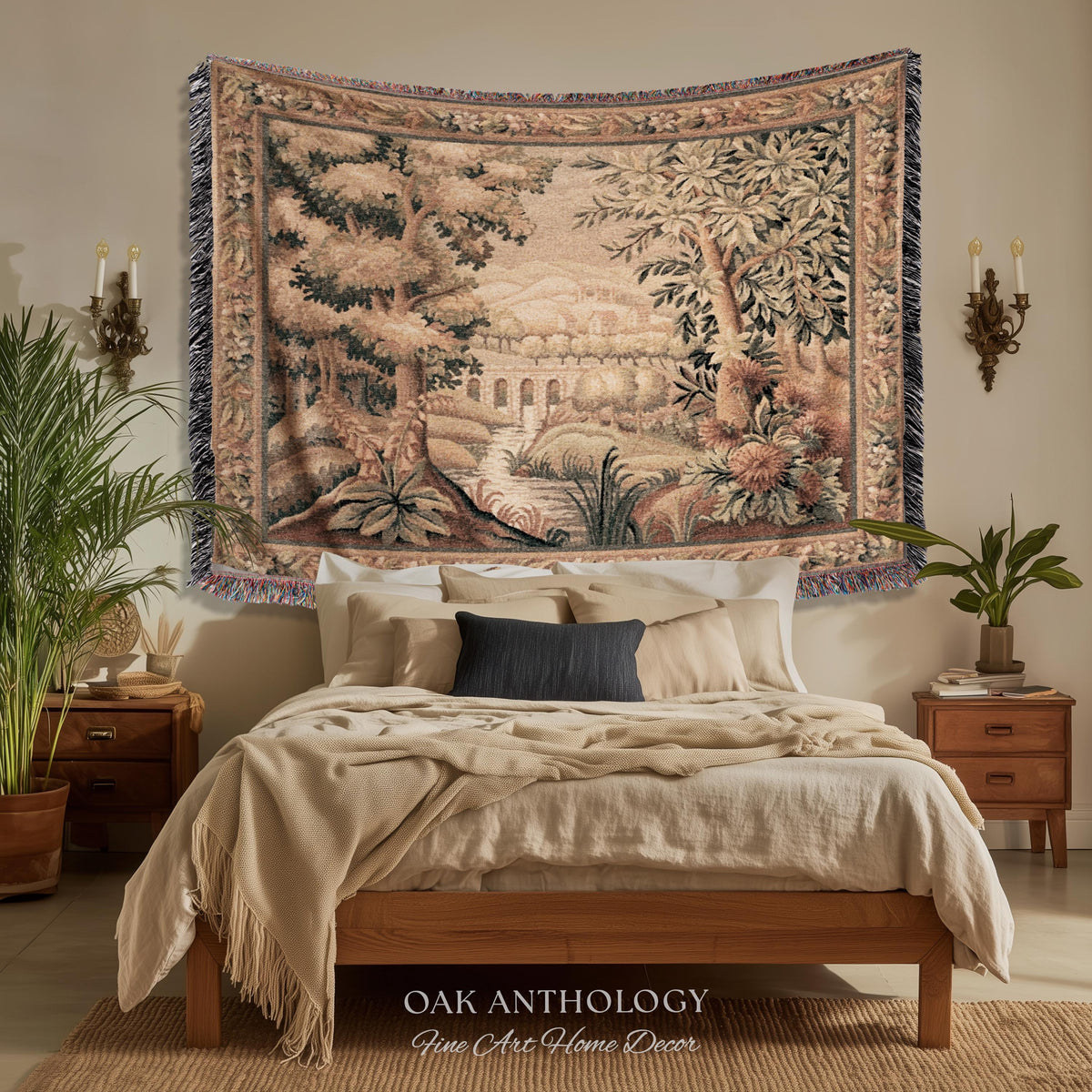 Rustic Aqueduct Landscape Aubusson Verdure Tapestry, French Countryside Traditional Influence Heirloom Throw Blanket Woven Woodland Wall Art
