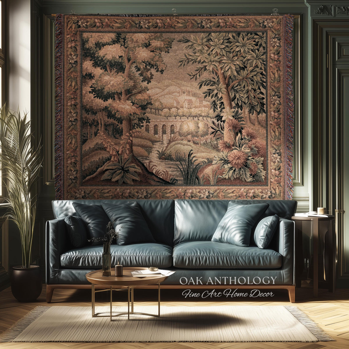 Rustic Aqueduct Landscape Aubusson Verdure Tapestry, French Countryside Traditional Influence Heirloom Throw Blanket Woven Woodland Wall Art