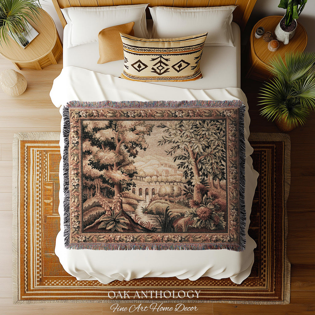 Rustic Aqueduct Landscape Aubusson Verdure Tapestry, French Countryside Traditional Influence Heirloom Throw Blanket Woven Woodland Wall Art