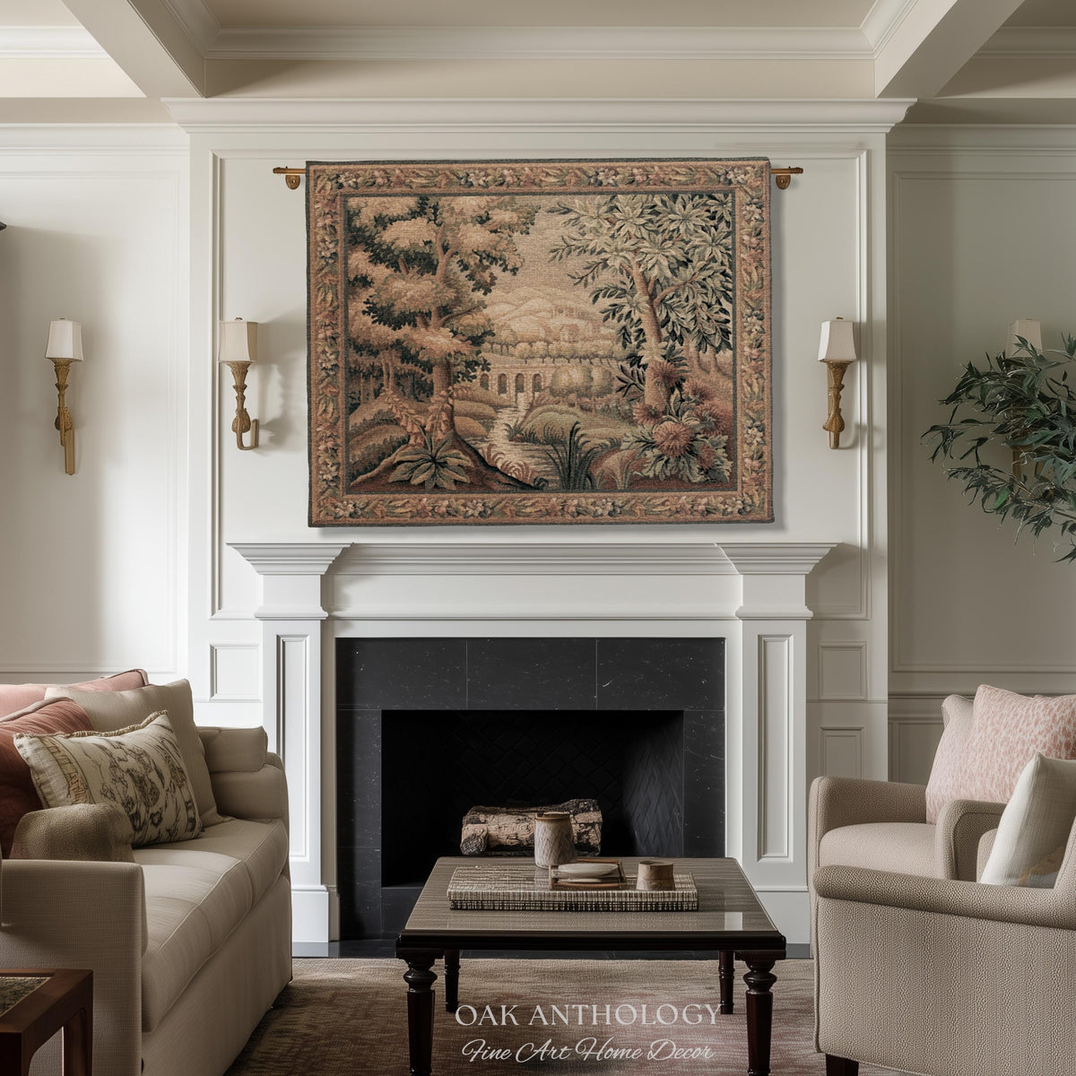 Rustic Aqueduct Landscape Aubusson Verdure Tapestry, French Countryside Traditional Influence Heirloom Throw Blanket Woven Woodland Wall Art