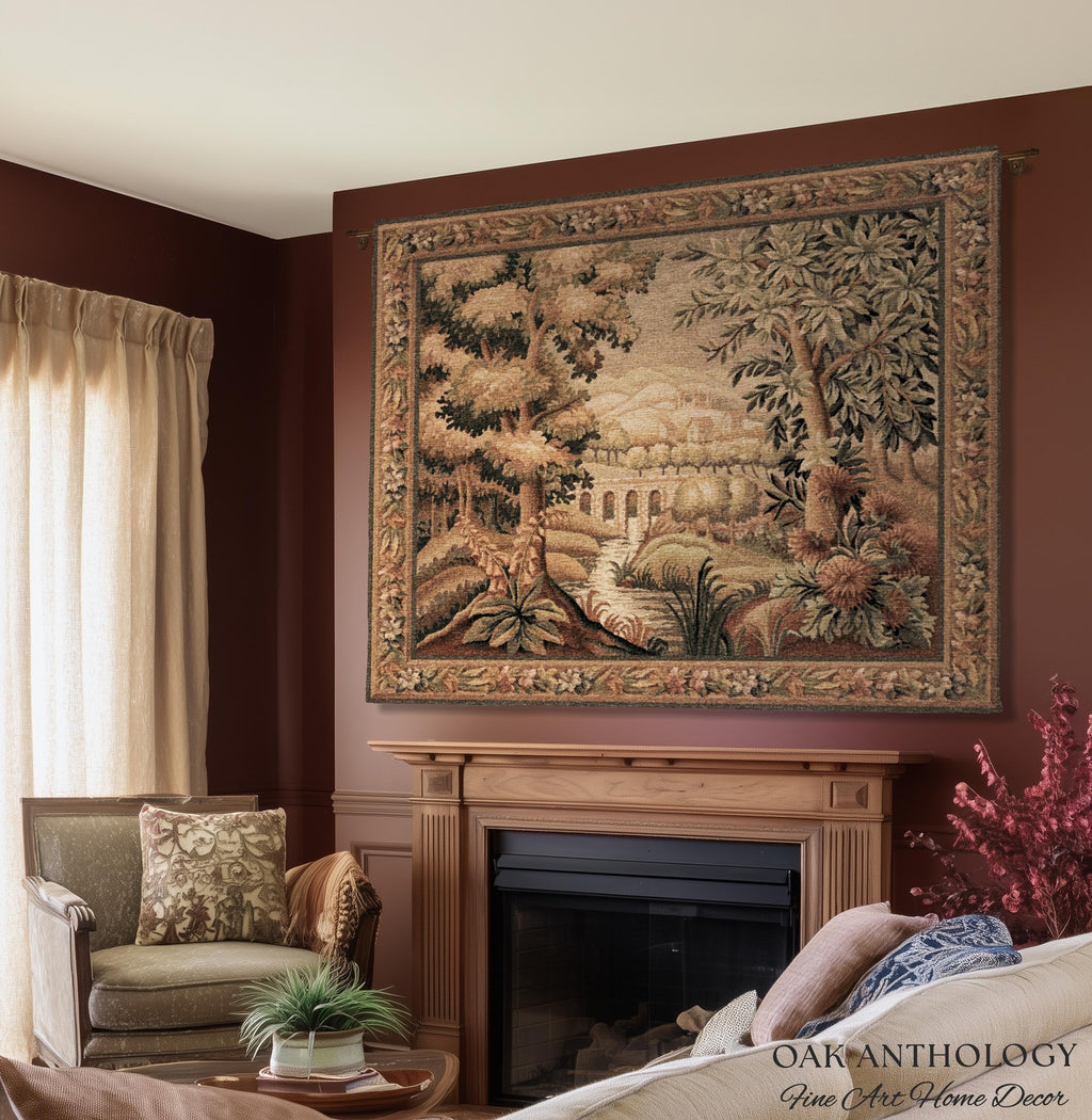 Rustic Aqueduct Landscape Aubusson Verdure Tapestry, French Countryside Traditional Influence Heirloom Throw Blanket Woven Woodland Wall Art