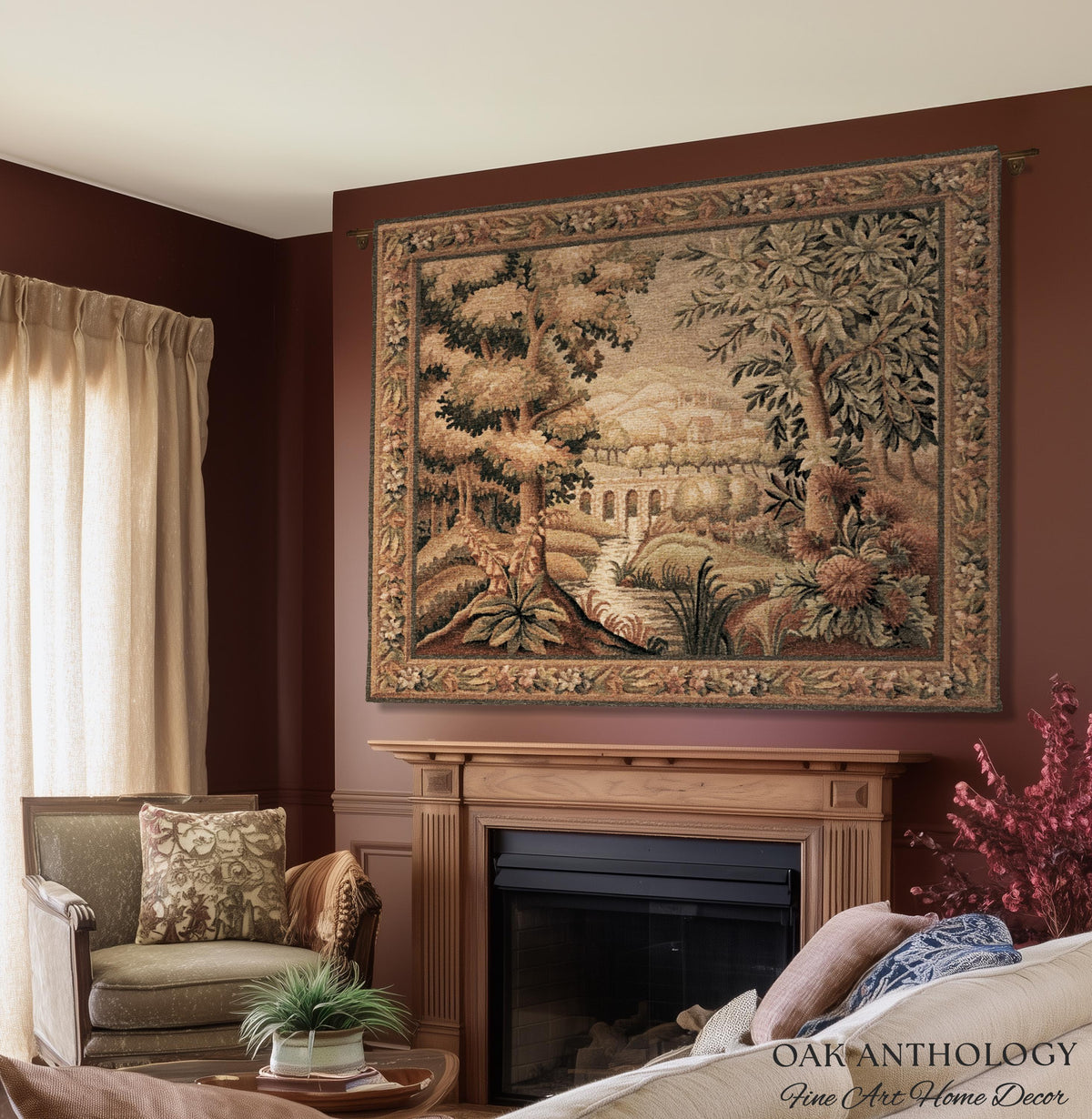 Rustic Aqueduct Landscape Aubusson Verdure Tapestry, French Countryside Traditional Influence Heirloom Throw Blanket Woven Woodland Wall Art