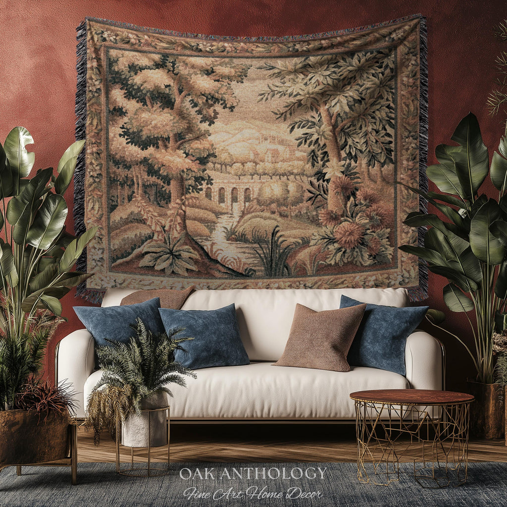 Rustic Aqueduct Landscape Aubusson Verdure Tapestry, French Countryside Traditional Influence Heirloom Throw Blanket Woven Woodland Wall Art