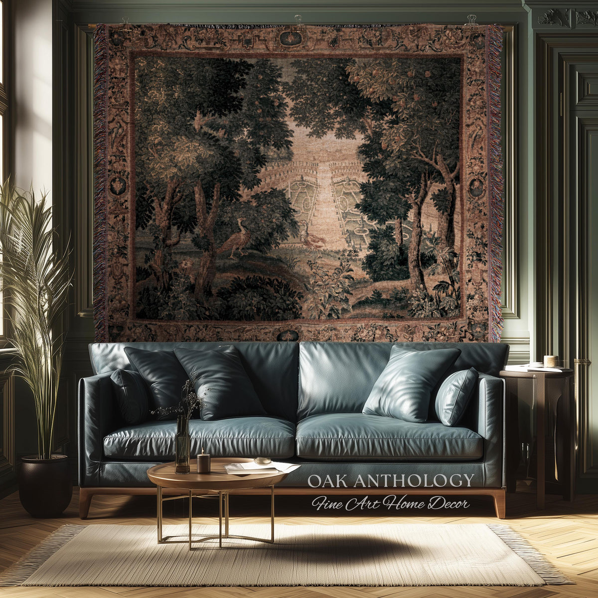 Heritage Parterre Artwork Elegant Tapestry, Old World European Villa Garden Woven Throw Blanket 18th Century Verdure Botanical Chateau Style