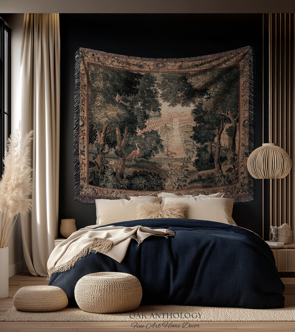 Heritage Parterre Artwork Elegant Tapestry, Old World European Villa Garden Woven Throw Blanket 18th Century Verdure Botanical Chateau Style