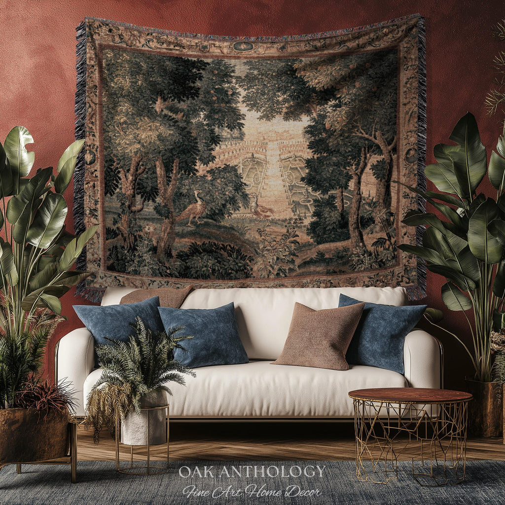 Heritage Parterre Artwork Elegant Tapestry, Old World European Villa Garden Woven Throw Blanket 18th Century Verdure Botanical Chateau Style