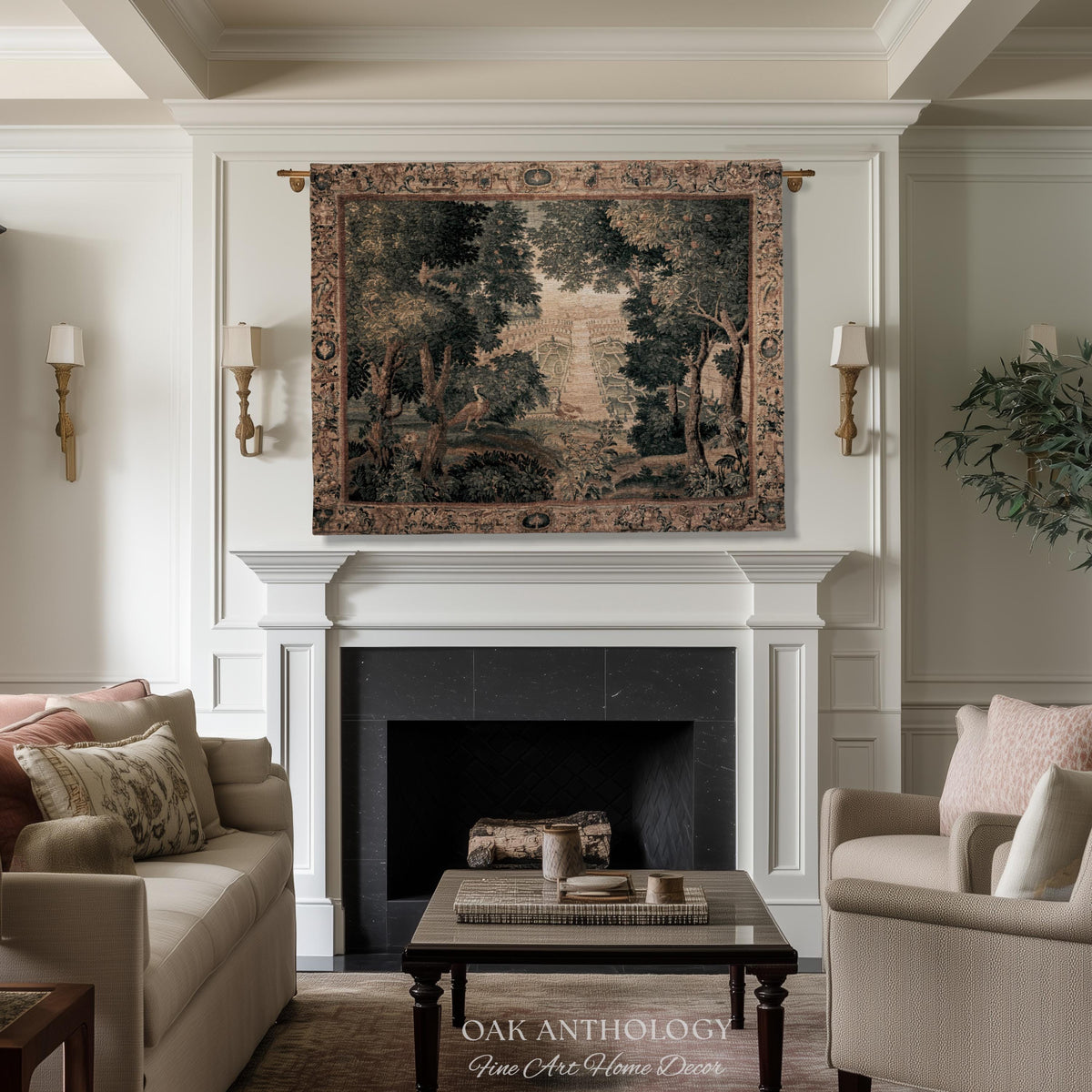 Heritage Parterre Artwork Elegant Tapestry, Old World European Villa Garden Woven Throw Blanket 18th Century Verdure Botanical Chateau Style