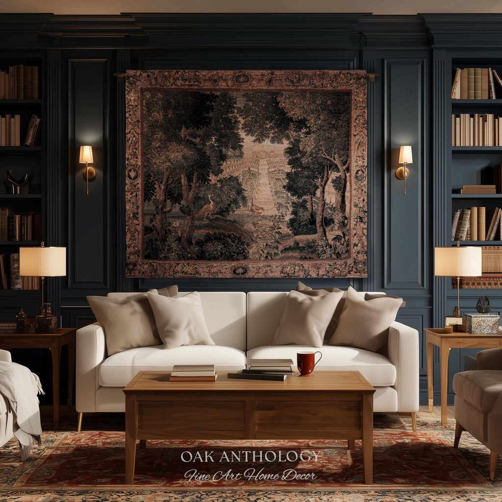 Heritage Parterre Artwork Elegant Tapestry, Old World European Villa Garden Woven Throw Blanket 18th Century Verdure Botanical Chateau Style