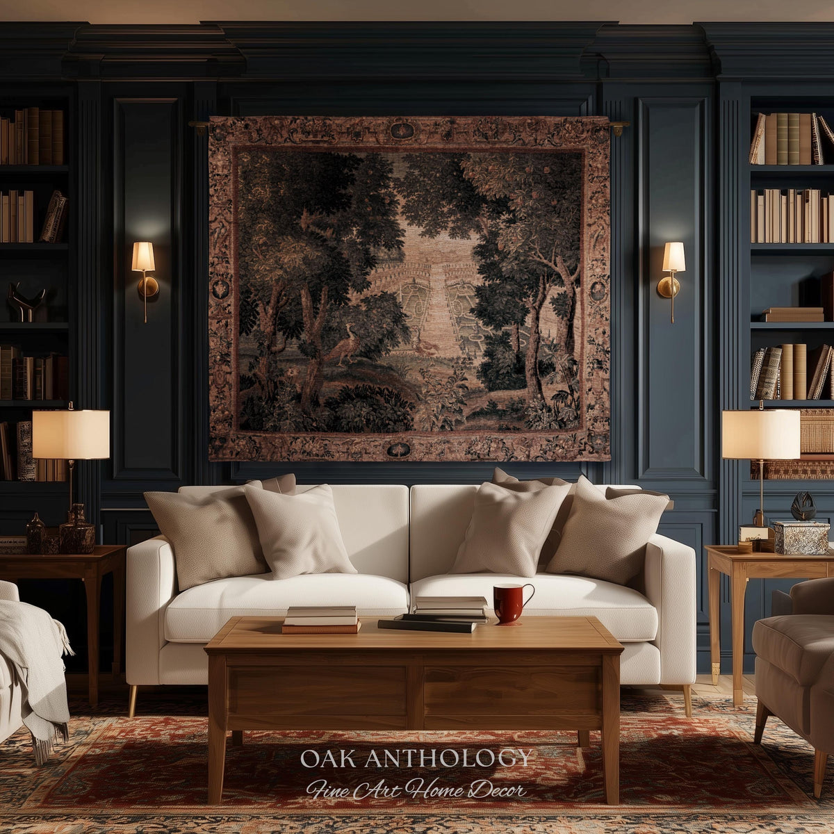 Heritage Parterre Artwork Elegant Tapestry, Old World European Villa Garden Woven Throw Blanket 18th Century Verdure Botanical Chateau Style